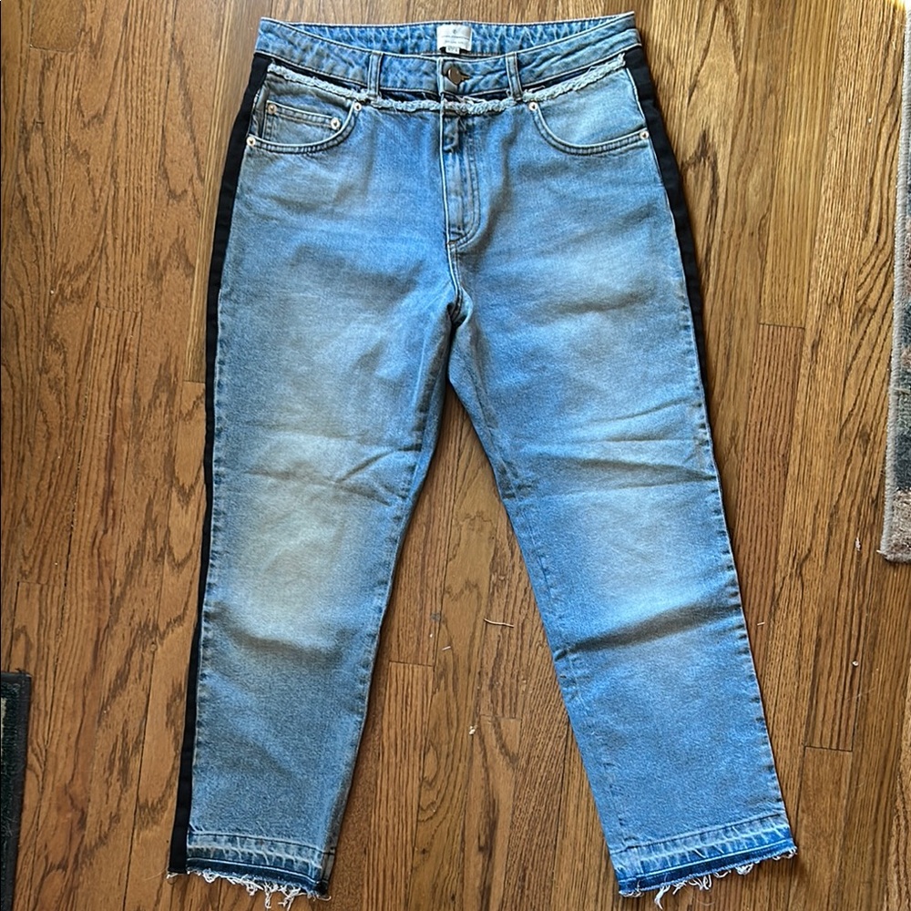 French Connection Jeans with raw hem, black side stripes, size 10